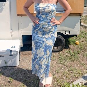 SHEIN Strapless Floral Dress - Blue and Cream